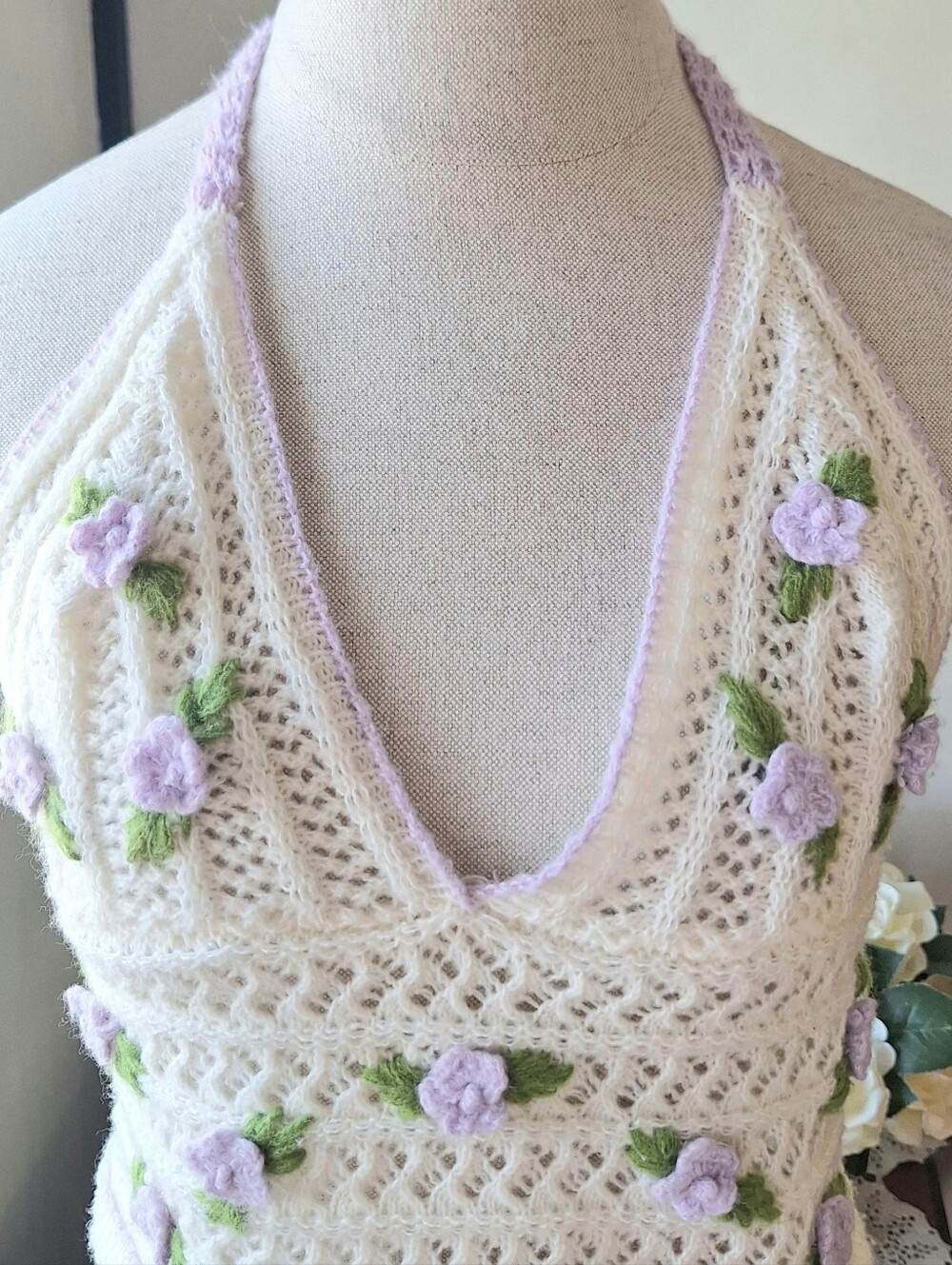 Kawaii Crochet Halter Crop Top with Lavender 3D Flowers, L(8-10) - Picture 5 of 13